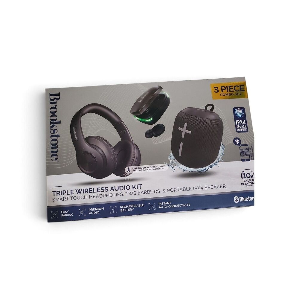 Brookstone Triple Wireless Audio Kit 3 Piece Combo Set Earphones Headphones 9E